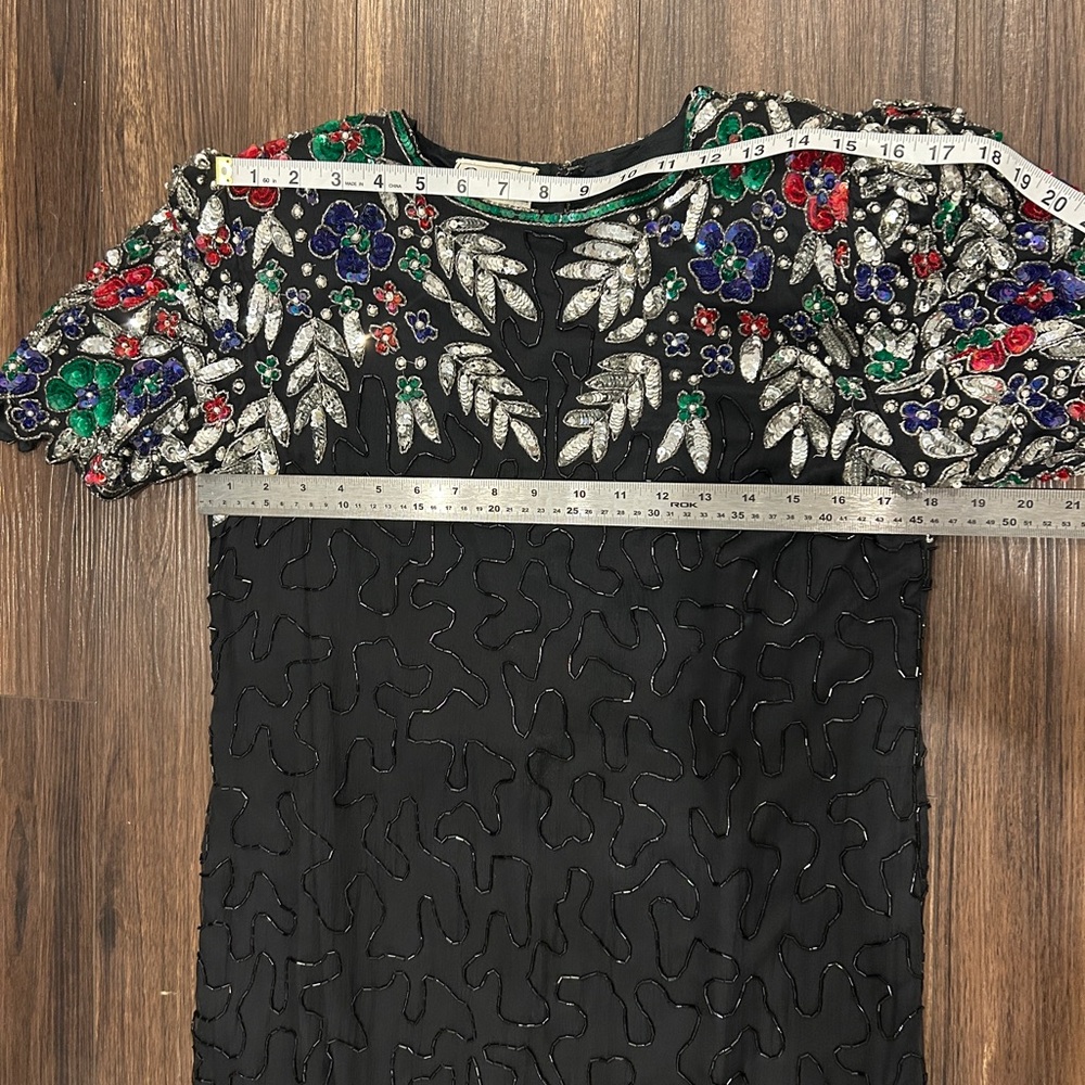 Vintage Elegant Black Silk Dress with Colourful floral beading - Picture 16 of 17